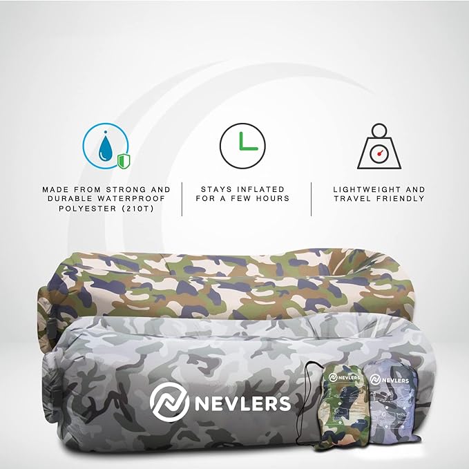 Nevlers 2 Pack Inflatable Loungers Air Sofa Couch | Perfect for Beach Chair Camping Chairs or Portable Hammock |Travel Bag Pouch, Pegs & 3 Pockets| Movie Seating & Camping Accessories Blow Up Lounger
