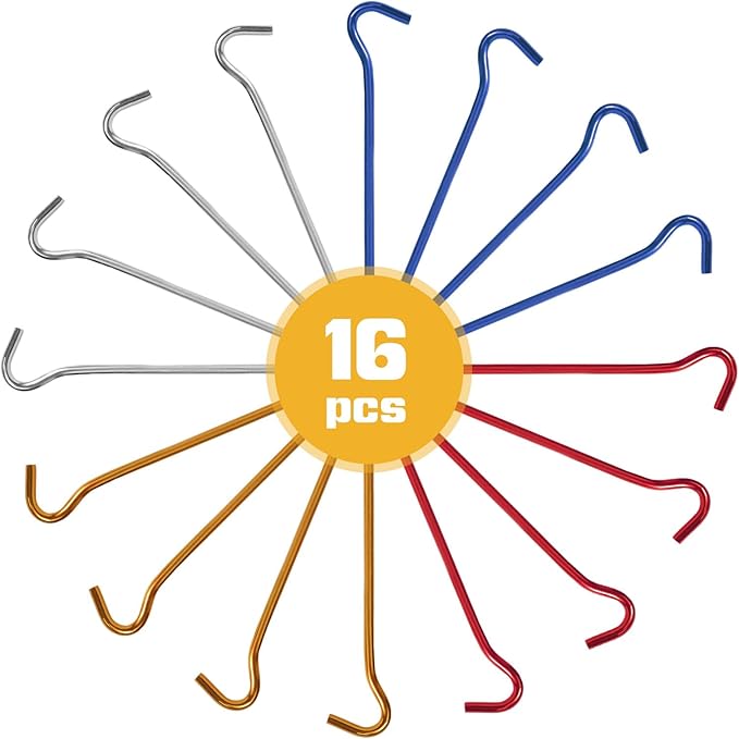 GEEWAY 7 Inch Aluminium Tent Stakes for Secure Ground Support,Perfect for Outdoor Decorations and Tarps, Stakes for Inflatables, Garden Edging Fence Hooks Pegs Heavy Duty Colorful Metal Stakes 16 Pack