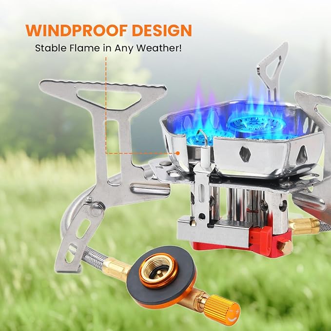 Portable Camping Stove with Propane Adapter - GEEKHOM 6800W Windproof Gas Stove Foldable Backpacking Stove, Piezo Ignition & Stable Pot Support for Outdoor Cooking Hiking