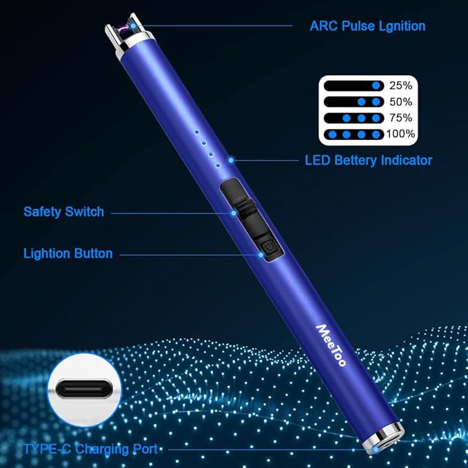 MeeToo Candle Lighter Electric Lighter Rechargeable USB Type-C Lighters for Candle BBQ Camping Fireworks (Dark Blue)