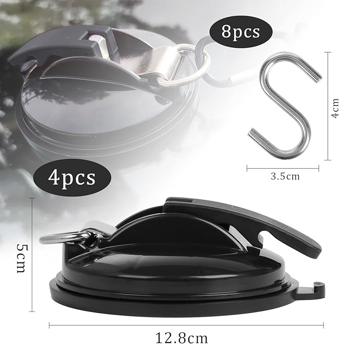 OCR 4 Pack Vacuum Suction Cup, Heavy Duty Sucker Cup Anchor with 8 Securing S Hook, Car Tensioner for Camping Car Mount Tents Luggage Tarps Car Side Awning (Black)