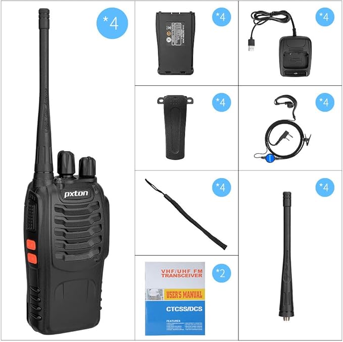 Rechargeable walkie talkies for Adults with Upgraded Earpieces and Li-ion Battery,Two Way radios has VOX/TOT/Emergency Alarm/Battery Low Alert/Flashlight/Scan Function(4 Pack)