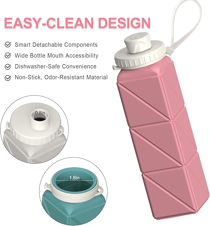 Collapsible Water Bottles 20.6oz, Silicone Foldable Portable Travel Water Bottle, Folding Lightweight Reusable Leakproof for Traveling Camping Hiking Cycling Yoga Sports Outdoor