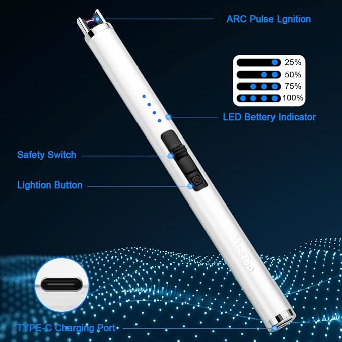 MeeToo Candle Lighter Electric Lighter Rechargeable USB Type-C Lighters for Candle BBQ Camping Fireworks (White)