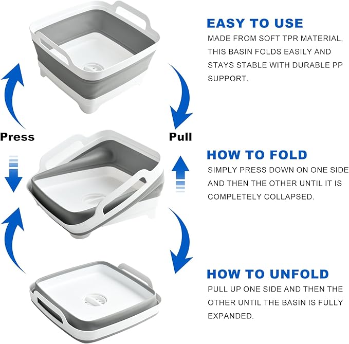 Collapsible Dish Basin Foldable Kitchen Sink With Drain Plug Plastic Laundry Tub 9L/2.4Gal RV & Camping Wash Basin Space-Saving Bottle Washing Sink(Gray)