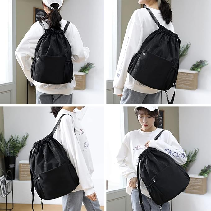 Drawstring Backpack Sports Yoga Sackpack for Women Men Waterproof Nylon Gym Sack DayPack with Multi Pockets (Black)