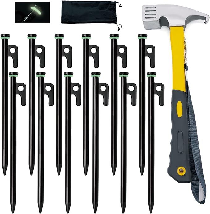 8/12/16Pack Tent Stake with Hammer, 8/10/12/16in Heavy Duty Tent Stakes + 10in Camping Hammer+Storage Pouch, Forged Steel Stakes Used on Rocks (12 Pack 10in Tent Stakes+Hammer)