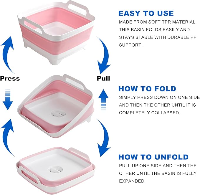 Collapsible Dish Basin Foldable Kitchen Sink With Drain Plug Plastic Laundry Tub 9L/2.4Gal RV & Camping Wash Basin Space-Saving Bottle Washing Sink (Pink)