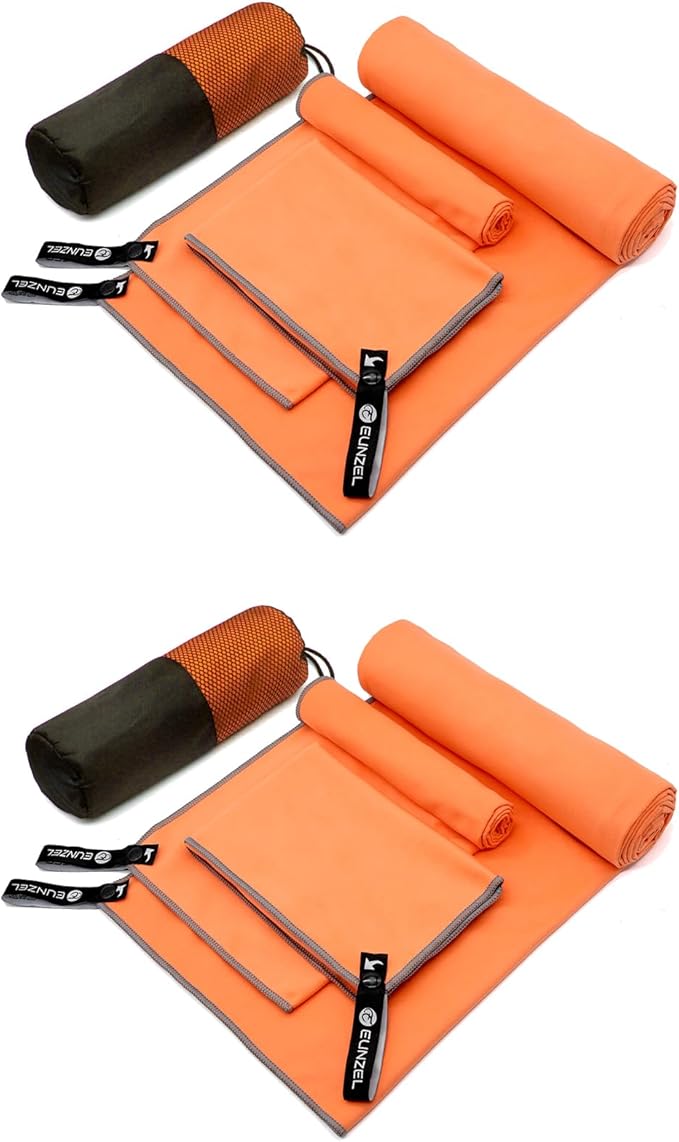 Eunzel 2 Pack Quick Dry Camping Towel, Microfiber Travel Towel 3 Size at 1 Pack,Fast Drying Towel Set for Camping, Beach, Gym, Sports, Yoga & Swimming Pool, Orange