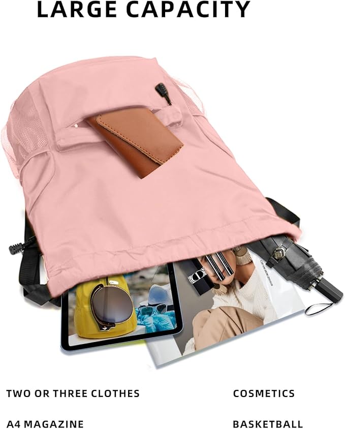 Sports Drawstring Backpack String Swimming Gym Bag Backpack with Shoes Compartment and Pocket for Men Women(pink