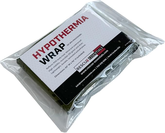 Rescue Essentials Hypothermia Wrap Blanket, Oversized 60" x 96", Mylar/Lightweight Polyethylene Fabric (OD Green)