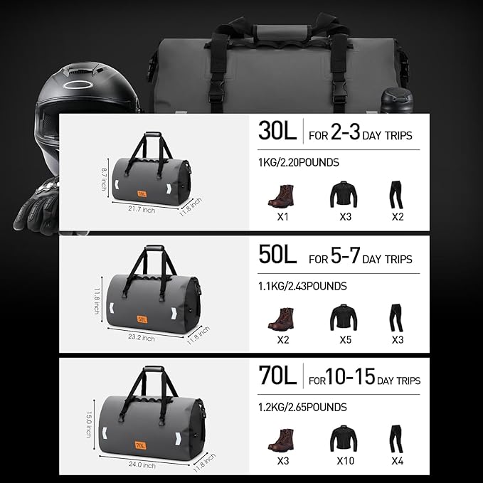 Motorcycle Dry Bag, Waterproof Duffel Bag & Roll-top Dry Duffel Bag, Motorcycle Travel Luggage Bag with Air Valve & Quick-fixed Straps For Rafting, Boating,Kayaking, Travel, Grey, 30L