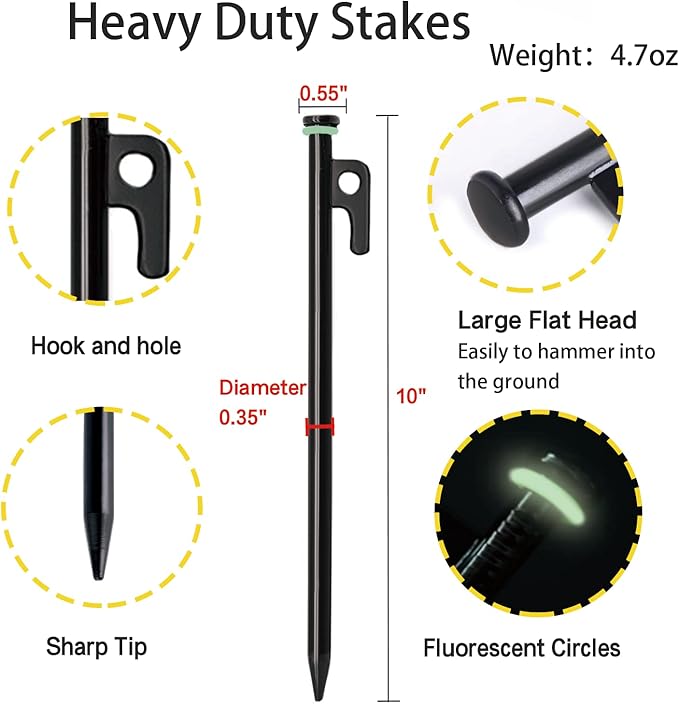 Tent Stakes, 8Pcs 10in Heavy Duty Forged Steel Tent Stakes +Storage Pouch, Metal Tent Stakes, Metal Stakes for Tent Used on Rocks, Grassland, Dessert, Stormy Weather(8Pcs 10in Tent Stakes)