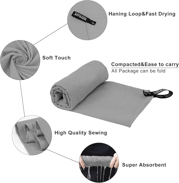 SZHLUX Microfiber Towel, Perfect Quick Dry Travel Sports Camping Towel,Fast Drying Lightweight Ultra Compact for Backpacking,Gym,Beach,Swimming,Yoga(Gray,L)