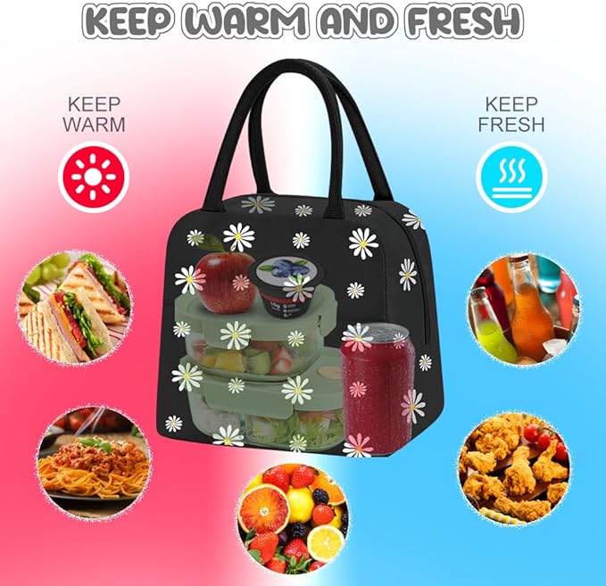 Womens Lunch Tote, Cute Black Daisy Men Lunch Bag Waterproof, Reusable Foil Fabric Cooler Bags Insulated for Work, Picnic, Outdoor