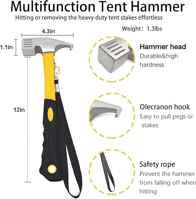 8 Pack Tent Stakes with Hammer, 16in Heavy Duty Tent Stakes + 12in Tent Stakes Hammer+Storage Pouch, Forged Steel Tent Stakes for Camping Used on Rocks(8Pcs 16in Tent Stakes and Hammer)