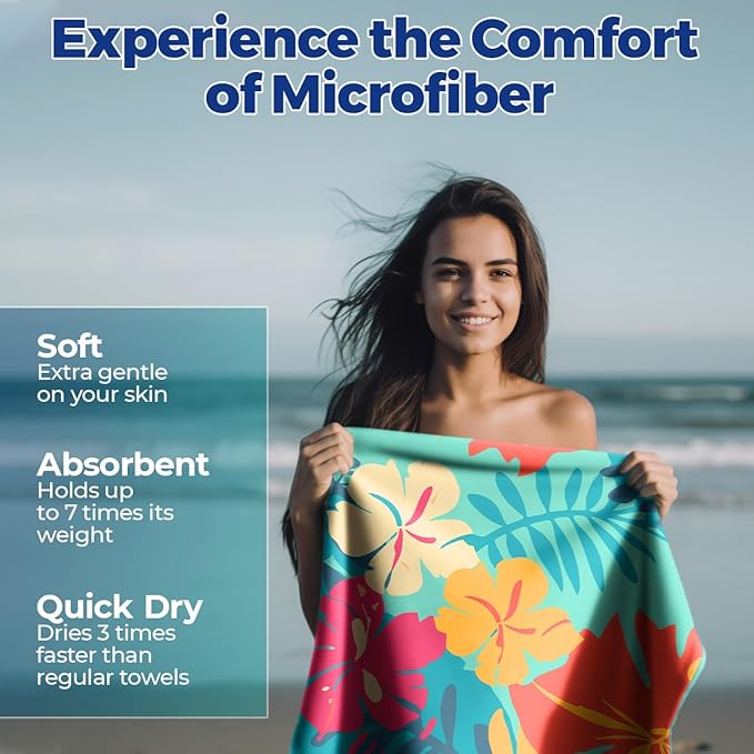 Microfiber Beach Towels - Soft & Lightweight - Absorbent, Quick Dry, Sand Free - Perfect for Beach, Pool, Travel, Camping, Picnic, Yoga - Matching Travel Bag - XL - Hawaiian Blossoms
