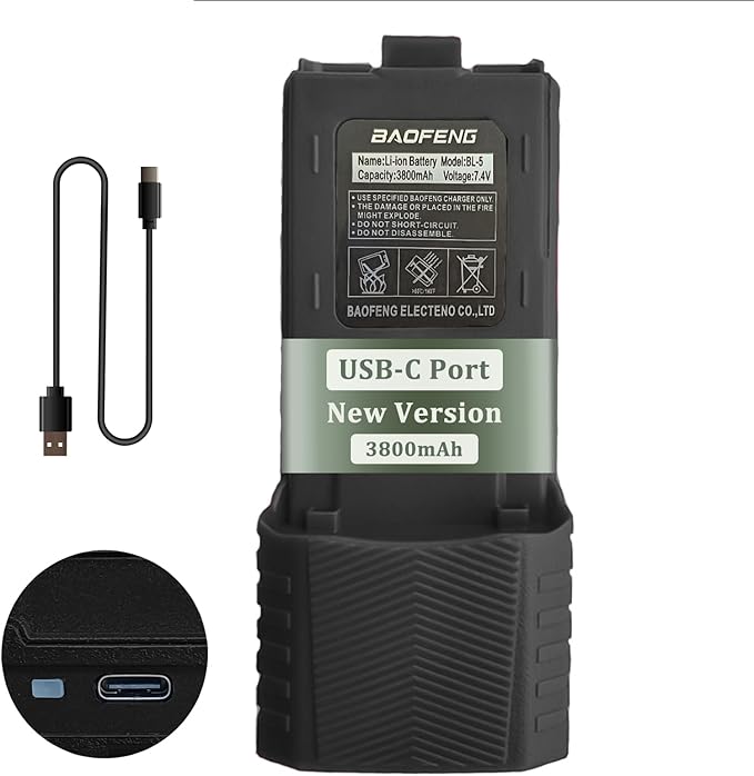BAOFENG BF-F8HP Radio Battery Extended 3800mAh Type-C Charging Black Replacement for New Version for BF-F8 Rechargeable BL-5 Ham Radio Battery with Cable