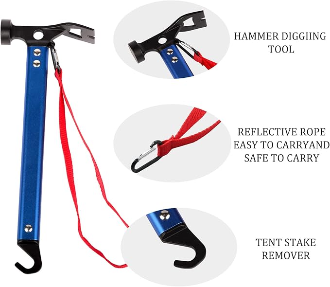 Carbon Steel Aluminum Camping Hammer, 12" Small Lightweight Three-in-One Functional Tent Stake Hammer for Hiking Kit Blue