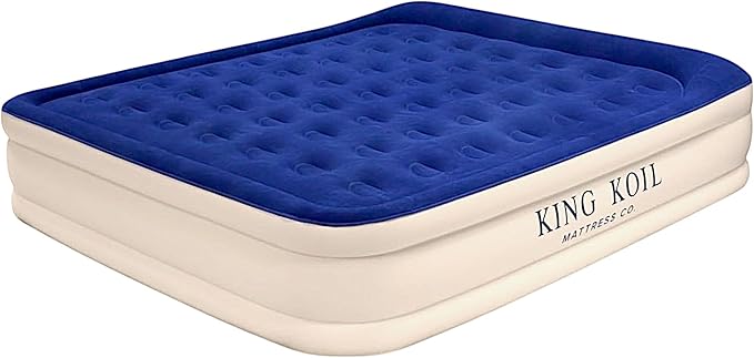 King Koil Premium California King Size Air Mattress with Built-in Pillow & Patented High-Speed Built in Pump, 20" King Size Premium Double High Airbed for Home, Camping & Guests, 1-Year Warranty
