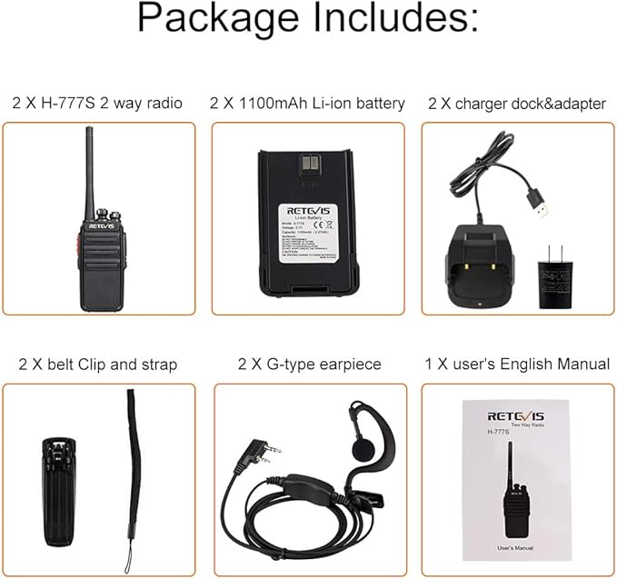 Retevis H-777S Walkie-Talkies Long Range,Rechargeable Two Way Radios,2 Way Radio with Earpiece,VOX Handsfree,Hiking Camping Road Trip Biking(2 Pack)