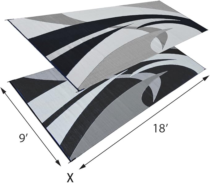 Stylish Camping 159181 9-feet by 18-feet Reversible Mat, Plastic Straw Rug, Large Floor Mat for Outdoors, RV, Patio, Backyard, Picnic, Beach, Polypropylene (PP) , Camping (Black/White)