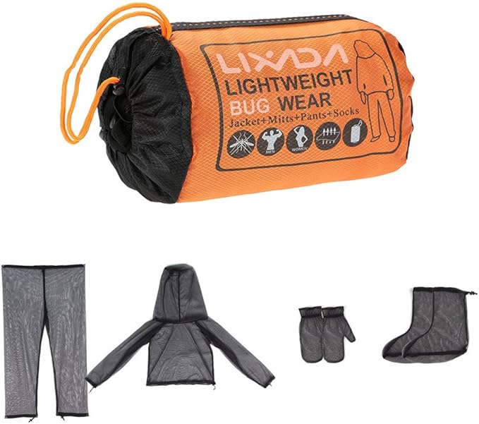 LIXADA Mesh Suit Set with Jacket Hood, Mitts, Socks & Storage Sack - Ultra-fine Net Mesh Clothing for Fishing Hiking Camping