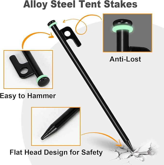 Tent Stakes and Hammer Set,10pcs 10 in Heavy Duty Metal Tent Stakes + 12in Camping Hammer + Reflective Camping Rope + Storage Bag,Camping Accessories for Ground,Camp and Graden(Black)