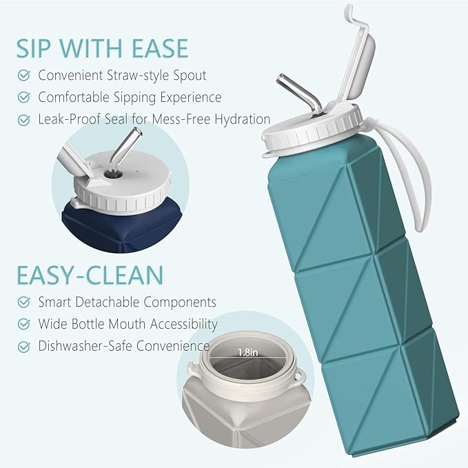 Collapsible Water Bottles 20.6oz, Silicone Foldable Portable Travel Water Bottle, Folding Lightweight Reusable Leakproof for Traveling Camping Hiking Cycling Yoga Sports Outdoor