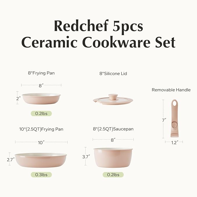 Redchef Ceramic Cookware Set, Removable Handle Pots and Pans Non-Stick, Rv Cookware Set, Non-Toxic Pots and Pans Set No PFAS, PTFE, PFOA, Detachable Pots and Pans, Dishwasher & Oven Safe (Pink)