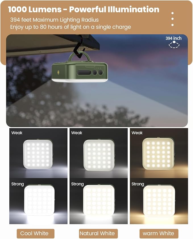 Camping Lantern - Collapsible Solar LED Lamp, 5200mAh Solar/USB Rechargeable, 1000LM, 5 Light Modes, Outdoor IPX4 Waterproof - Portable Emergency Light (Green)