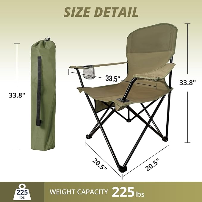 2PCS Folding Outdoor Beach Camp Chair with Cup Holder, Storage Pocket, Waterproof Bag Outdoor Arm Chair, Supports 225LBS, Green