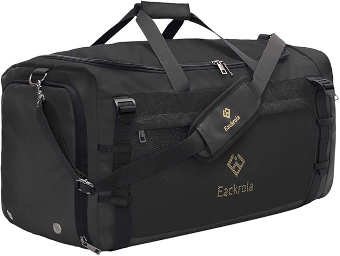 Eackrola Extra Large Sports Gym Bag, Travel Duffel bag with Wet Pocket & Shoes Compartment for men women, 85L, Lightweight (Black)