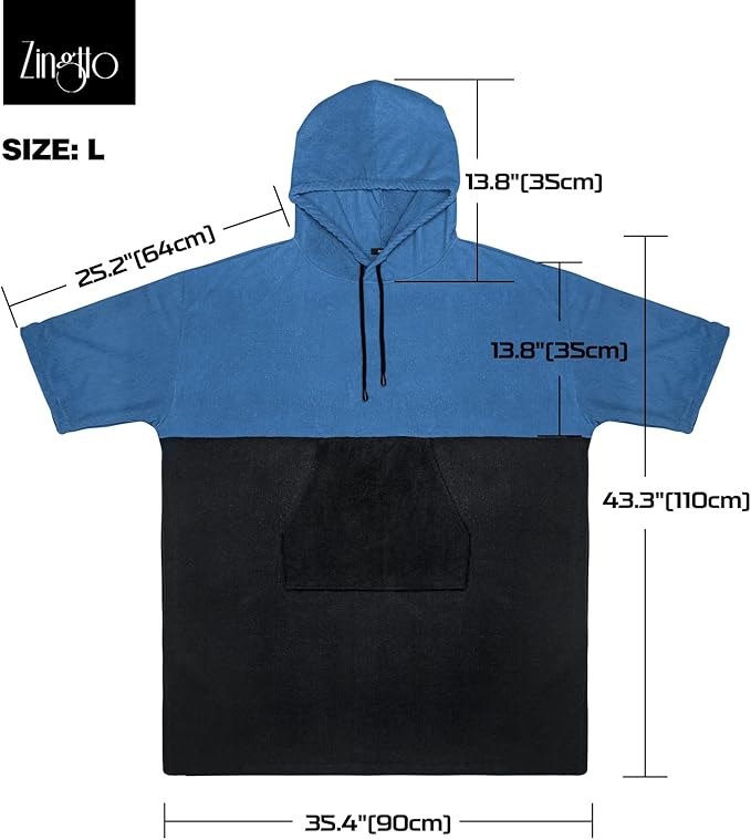 Surf Poncho Changing Robe, 3/4 Sleeve Extra Large Thick Hoodie Towel Poncho for Men Women Beach Swimming, 43" x 35", Black Blue