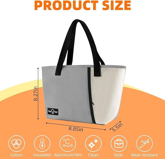 Lunch Bag for Women Men, Reusable Lunch Tote Lunch Box, Large Capacity Leakproof Lunch Tote Bags with Front Pocket for Work Office Picnic or Travel (Light Gray)