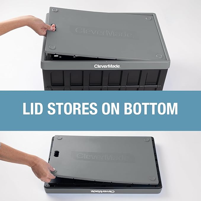 CleverMade Collapsible Storage Bins with Lids - Obsidian 3 Pack 46L- Plastic Containers Stackable Organization Crates Home Closet Space-Saving Durable