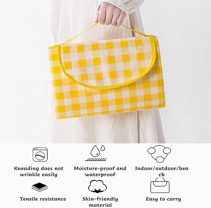 Outdoor Picnic Blanket,Extra Large Picnic Blanket Beach Blankets, Picnic Mat Waterproof Sand Proof Foldable Portable for Outdoor Camping Hiking Travel Grass Music Festival Lawn Mats (Yellow)