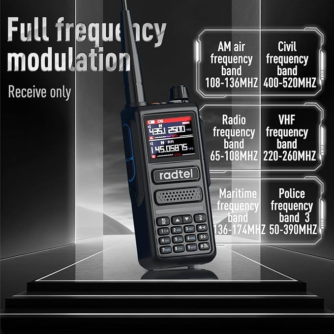 Radtel RT-470 10 Watt Long Range Multi-Band Ham Radio 144-148/420-450/1.25M 2800mAh USB-C Battery, 256CH AM Aircraft Band Handheld Walkie Talkie One Key Frequency Match NOAA FM Radio Receive