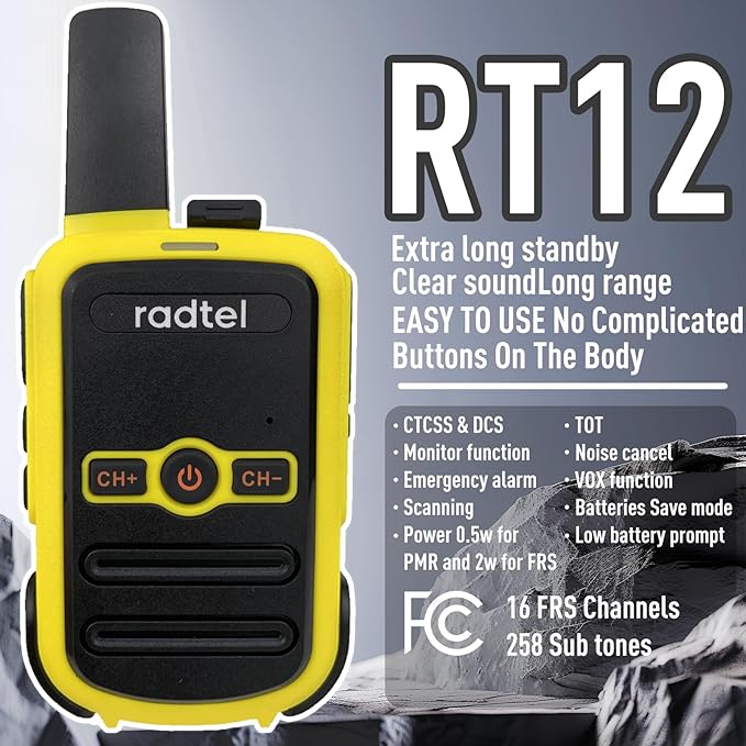 Radtel RT12 Walkie Talkies for Adults Rechargeable 2 Pack, Long Range Handheld FRS Two Way Radio 16CH Handsfree VOX for Camping Hiking (Yellow)