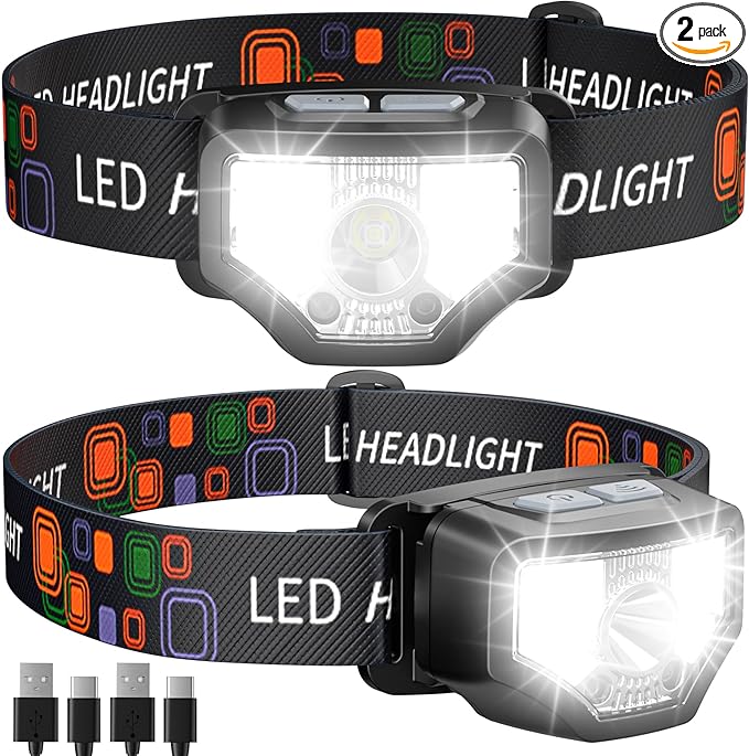 Headlamp Rechargeable 2PCS, 1200 Lumen Super Bright LED Flashlight with Motion Sensor for Adults and Kids- Camping Accessories Gear, Waterproof for Hiking, Running, Fishing, Cycling