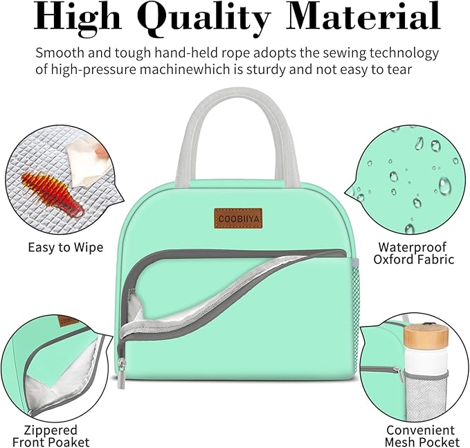 Coobiiya Lunch Bag Women, Lunch Box Bag for Women Adult Men, Small Leakproof Cute Lunch Tote Large Capacity Reusable Insulated Cooler Lunch Container for Work/Office/Picnic/Travel-Green
