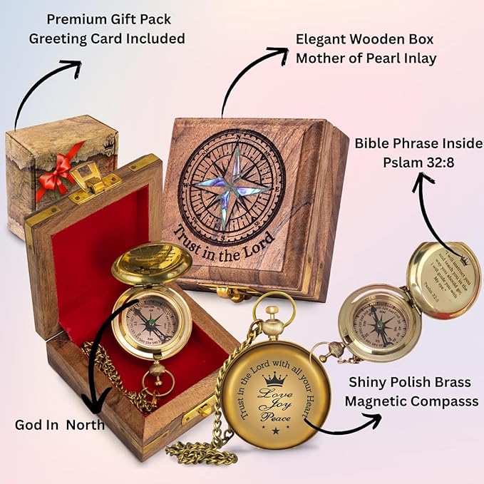 TVV-Christian Compass Gift for Him – Solid Brass Pocket Compass with Bible Verses – Baptism Gifts for Boys, Religious Compass Gift for Graduation, Confirmation – Includes Wooden Box & Greeting Card