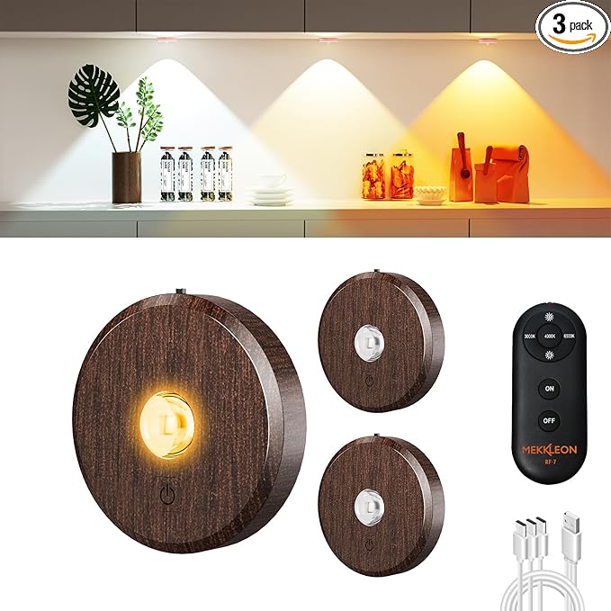 Puck Lights with Remote Control,2000mAh Rechargeable Under Counter Lighting,3 Color Temperatures Dimmable Under Cabinet,Closet Light,3Pack Tap Light for Hallway (Wood Color, 3 Pcs)