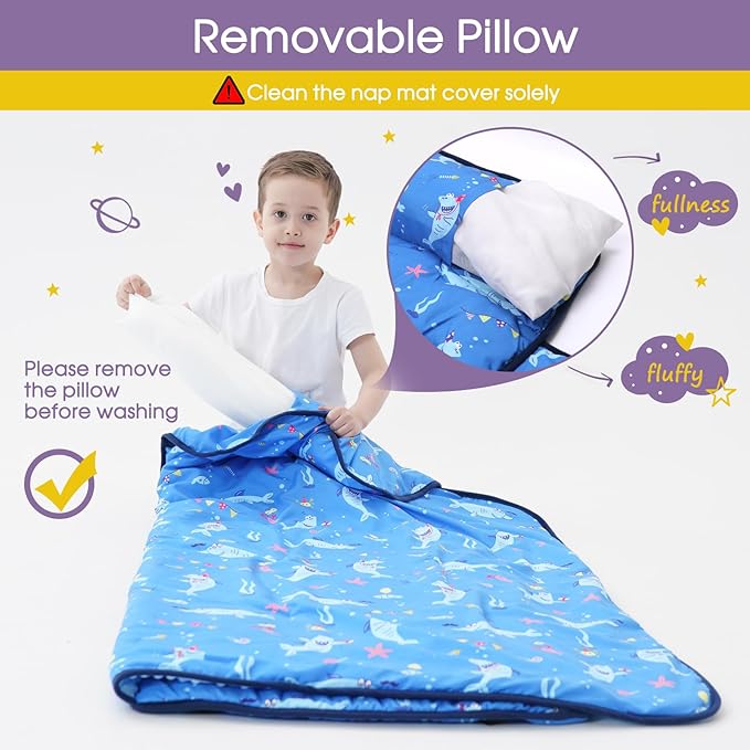 Nap Mat with Pillow Blanket Set: Sleeping Mats for Toddler Kids - Thick Large Roll up Slumber Bag for Daycare Preschool Kindergarten Boys Girls