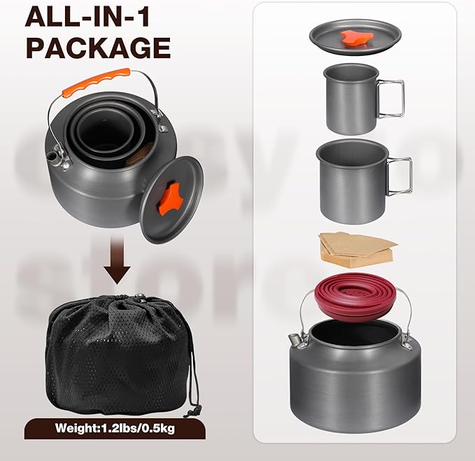 REDCAMP 2L Camping Coffee Pot Coffee Makers, Aluminum Portable Kettle Teapot with 2Pcs Camping Mug and Collapsible Coffee Dripper, Compact Tea Kettle for Stove Top, Outdoor, Hiking and Traveling