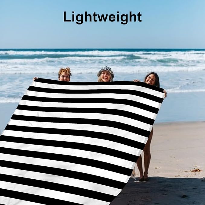 Waterproof Sandproof Beach Blanket, 78''×86'' Large Outdoor Picnic Blanket for 4 Adults, Compact Beach Mat Sand Free for Travel, Camping, Beach Accessories Essentials for Vacation-Black & White Stripe