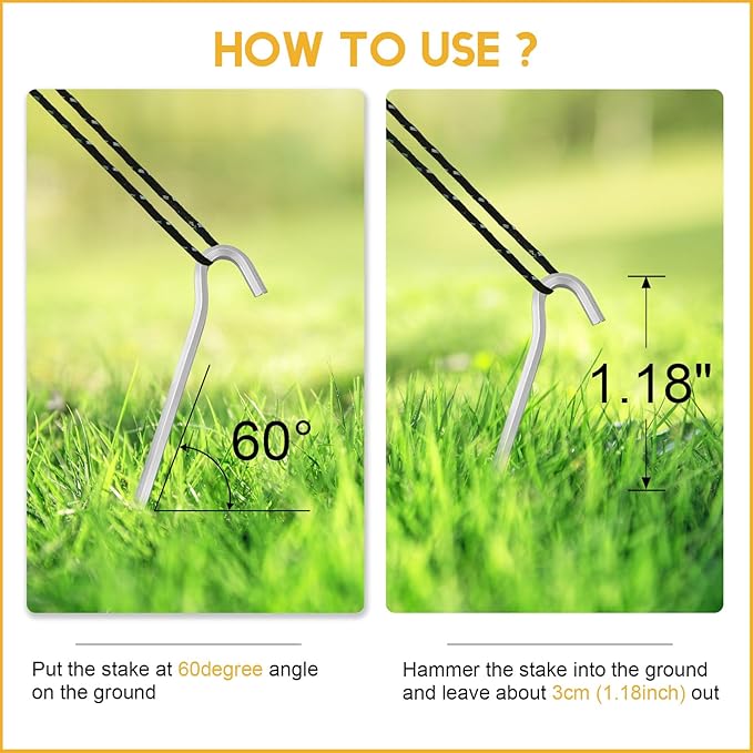 GEEWAY 7 Inch Aluminum Tent Stakes Pegs with Hook, 20 Pcs Camping Canopy Hooks Secure Ground Support for Outdoor Decorations and Tarps, Silver