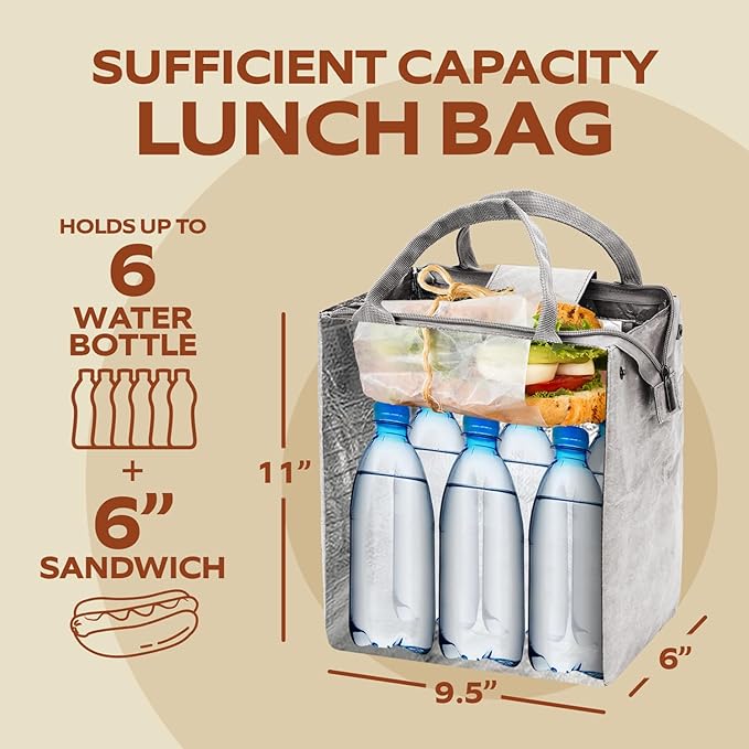 VonNova Insulated Lunch Box for Women, 7L Capacity, Leakproof Lunch Tote Bag, Durable Lunchbox made from Tyvek Material, Adult Cooler Bag for Work, Picnic, Travel and more (Silver)