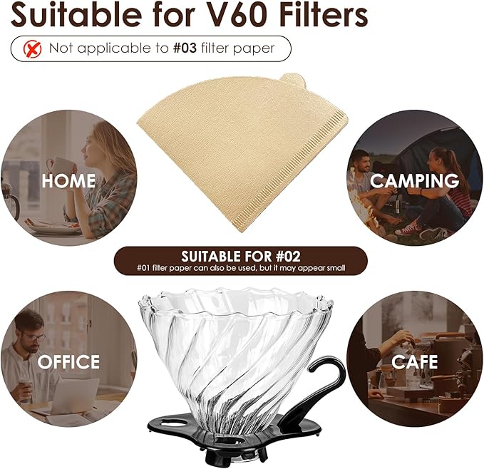 V60 Pour Over Coffee Dripper, 02 Filter For 1-4 Cups Reusable Coffee Maker 60° Heat-Resistant Glass Cone Easy-to-Clean Drip Coffee Maker Perfect for Pourover Coffee Enthusiasts