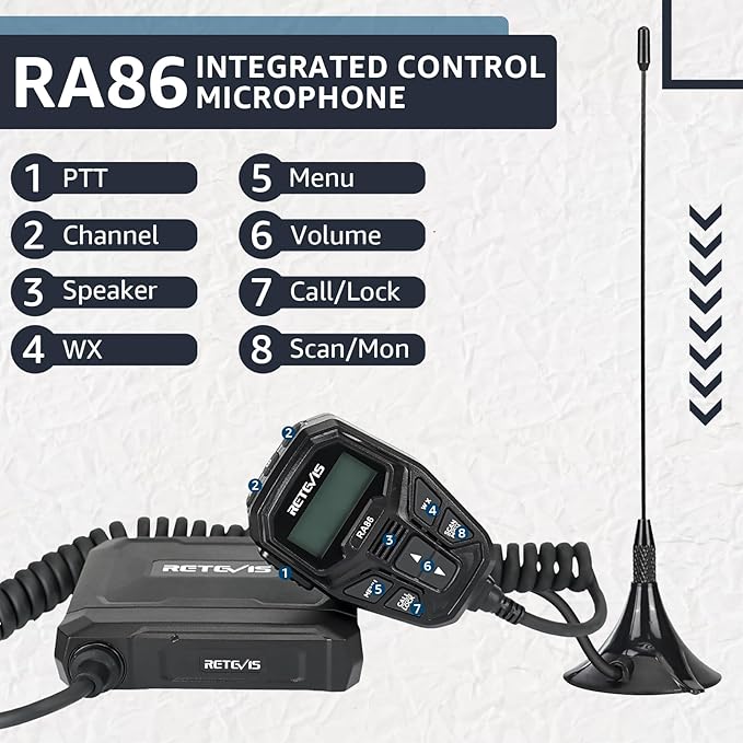 Retevis RA86 GMRS Mobile Radio, Dual Speakers NOAA High Power Transceiver, RA86 Long Range Mobile Radio (1 Pack) with Handheld RB17P Walkie Talkies (2 Packs), GMRS Communicate Kit for Jeeps